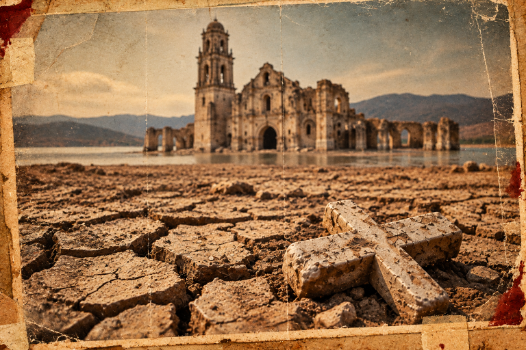 La iglesia que aparece cuando falta el agua.  La Cabeza De Ratón